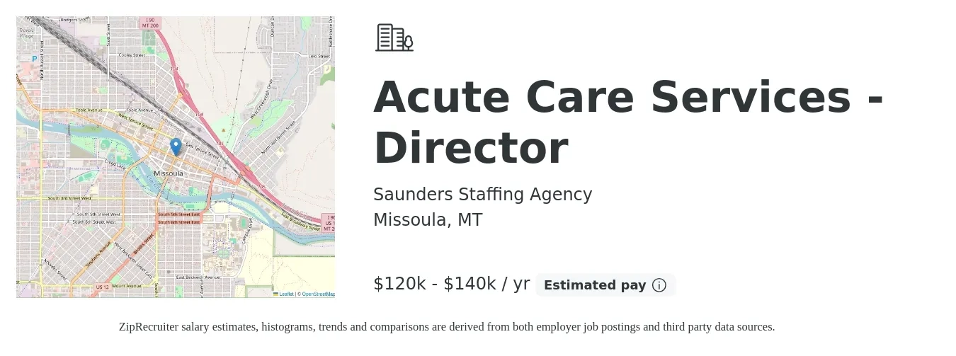 Saunders Staffing Agency job posting for a Acute Care Services - Director in Missoula, MT with a salary of $71,800 to $126,700 Yearly with a map of Missoula location.