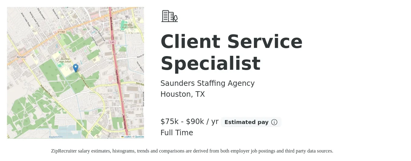 Saunders Staffing Agency job posting for a Client Service Specialist in Houston, TX with a salary of $16 to $22 Hourly with a map of Houston location.