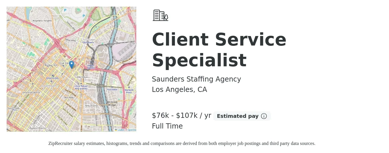 Saunders Staffing Agency job posting for a Client Service Specialist in Los Angeles, CA with a salary of $18 to $24 Hourly with a map of Los Angeles location.