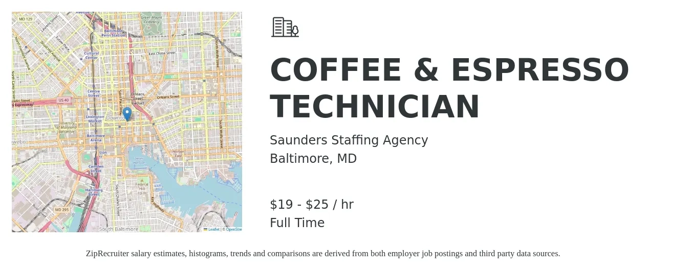 Saunders Staffing Agency job posting for a COFFEE & ESPRESSO TECHNICIAN in Baltimore, MD with a salary of $20 to $27 Hourly with a map of Baltimore location.