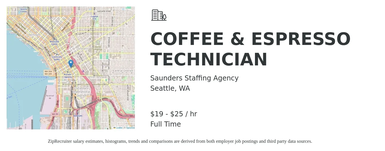 Saunders Staffing Agency job posting for a COFFEE & ESPRESSO TECHNICIAN in Seattle, WA with a salary of $20 to $27 Hourly with a map of Seattle location.
