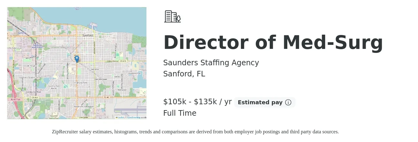 Saunders Staffing Agency job posting for a Director of Med-Surg in Sanford, FL with a salary of $105,000 Yearly with a map of Sanford location.