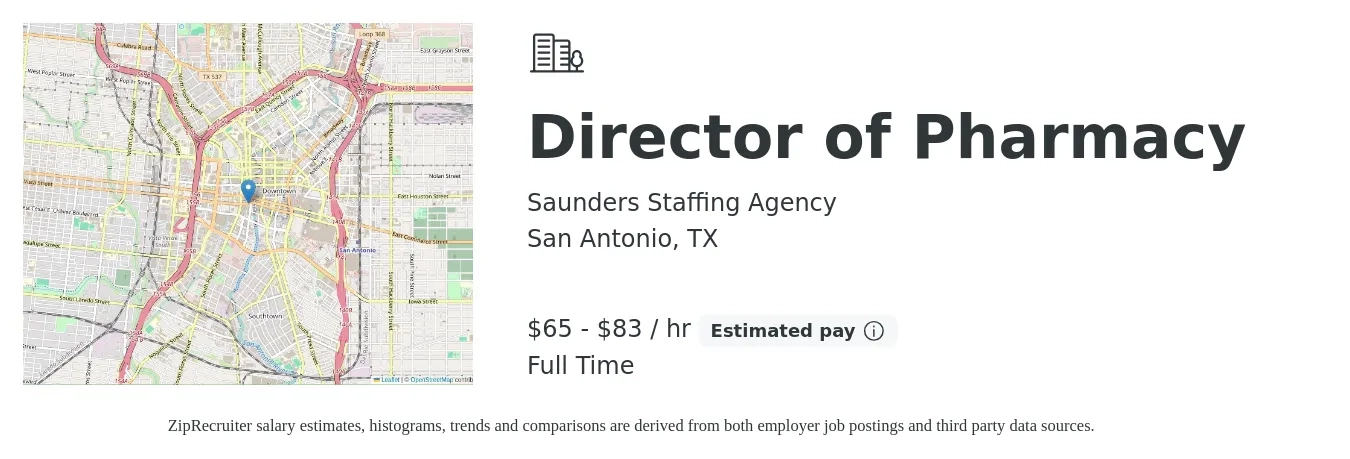 Saunders Staffing Agency job posting for a Director of Pharmacy in San Antonio, TX with a salary of $68 to $84 Hourly with a map of San Antonio location.