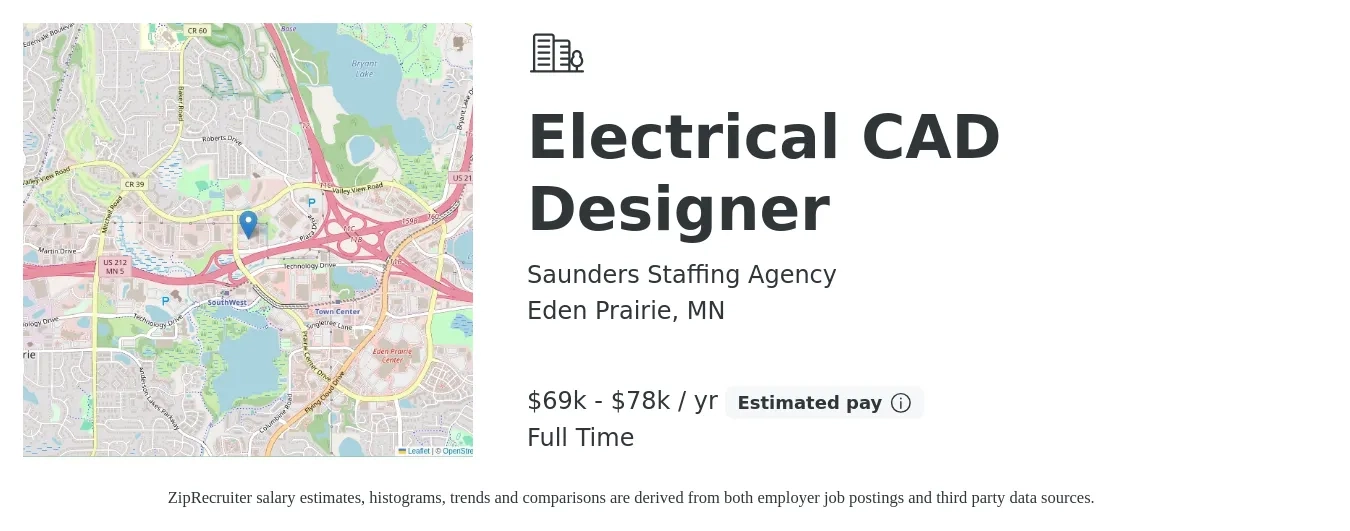 Saunders Staffing Agency job posting for a Electrical CAD Designer in Eden Prairie, MN with a salary of $34 to $51 Hourly with a map of Eden Prairie location.