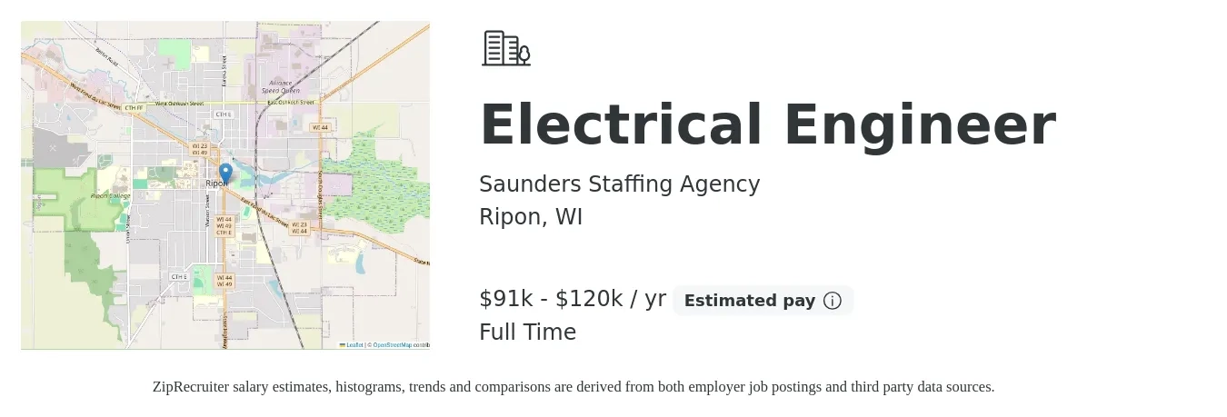 Saunders Staffing Agency job posting for a Electrical Engineer in Ripon, WI with a salary of $83,800 to $133,300 Yearly with a map of Ripon location.