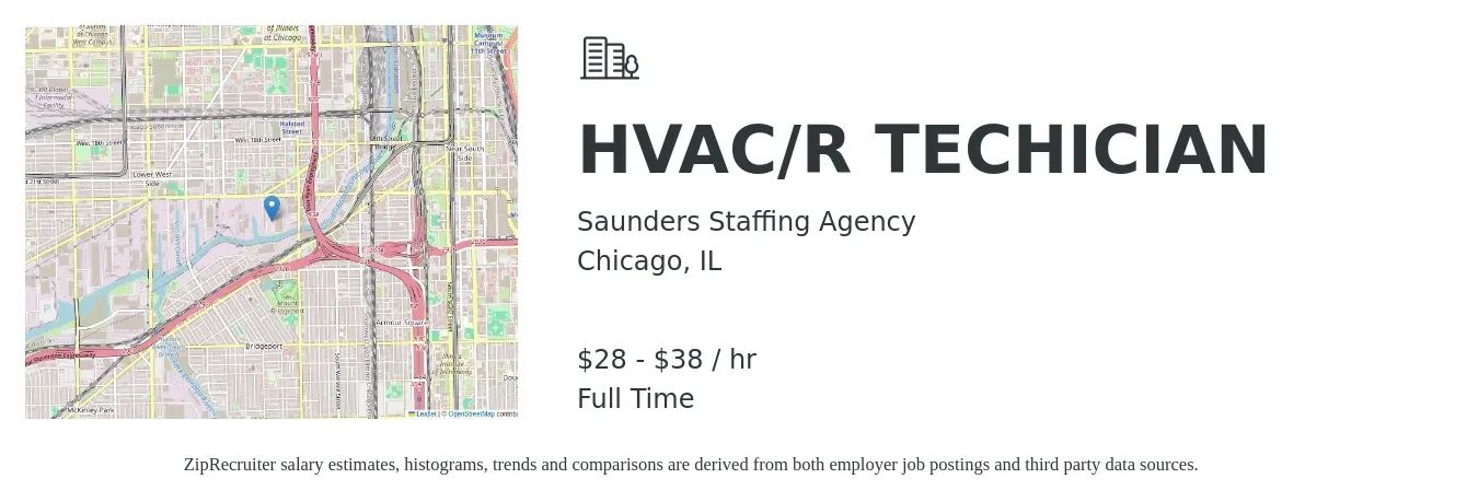 Saunders Staffing Agency job posting for a HVAC/R TECHICIAN in Chicago, IL with a salary of $30 to $40 Hourly with a map of Chicago location.