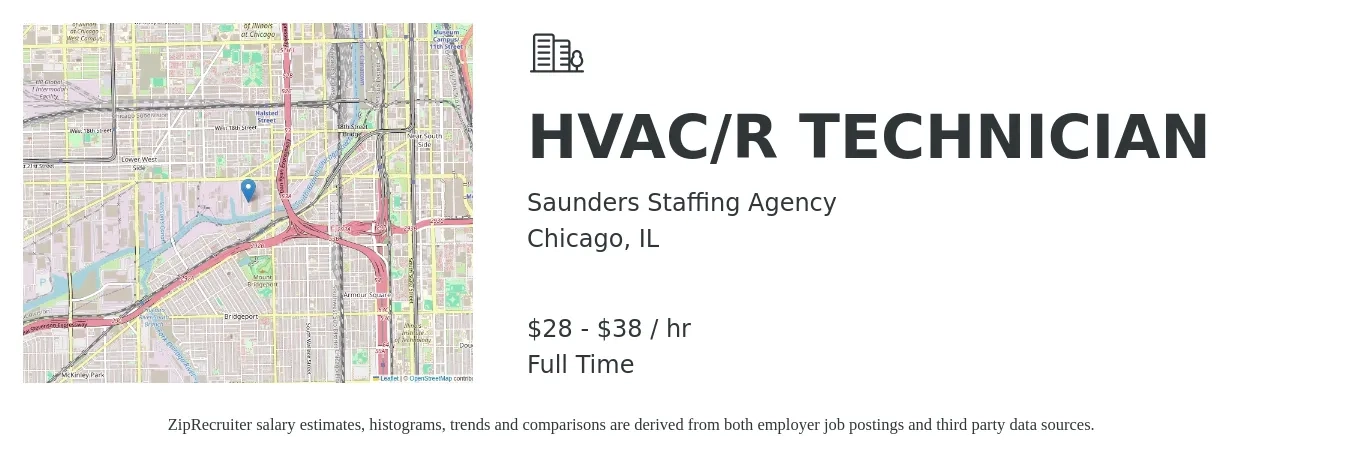 Saunders Staffing Agency job posting for a HVAC/R TECHNICIAN in Chicago, IL with a salary of $30 to $40 Hourly with a map of Chicago location.