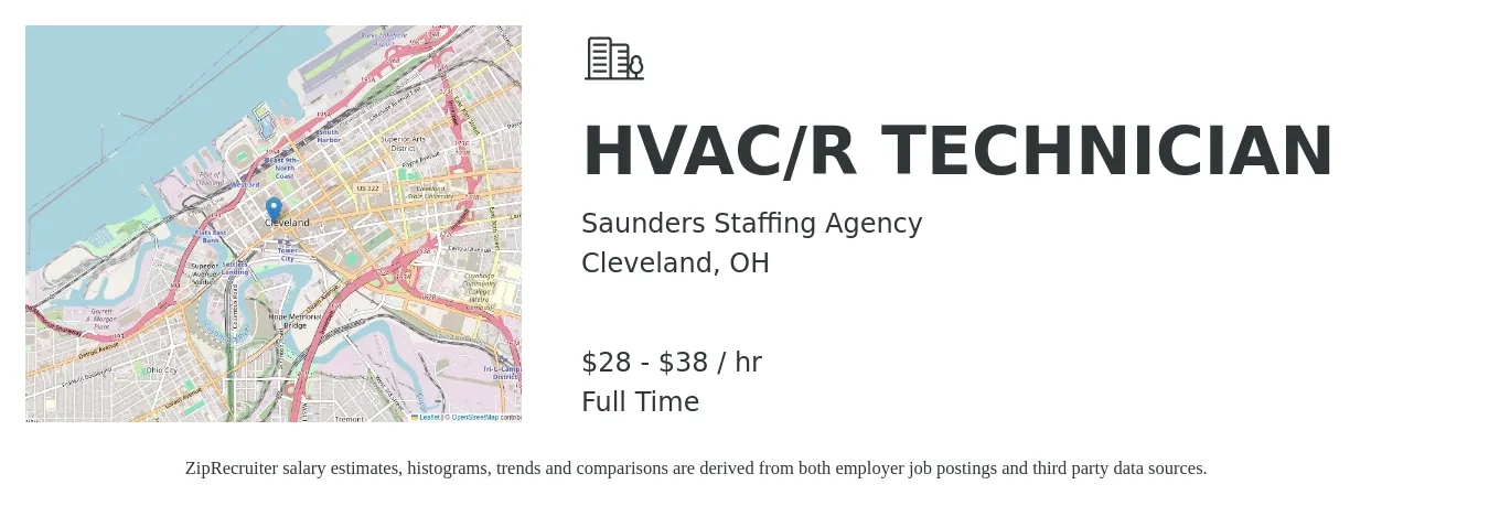 Saunders Staffing Agency job posting for a HVAC/R TECHNICIAN in Cleveland, OH with a salary of $30 to $40 Hourly with a map of Cleveland location.
