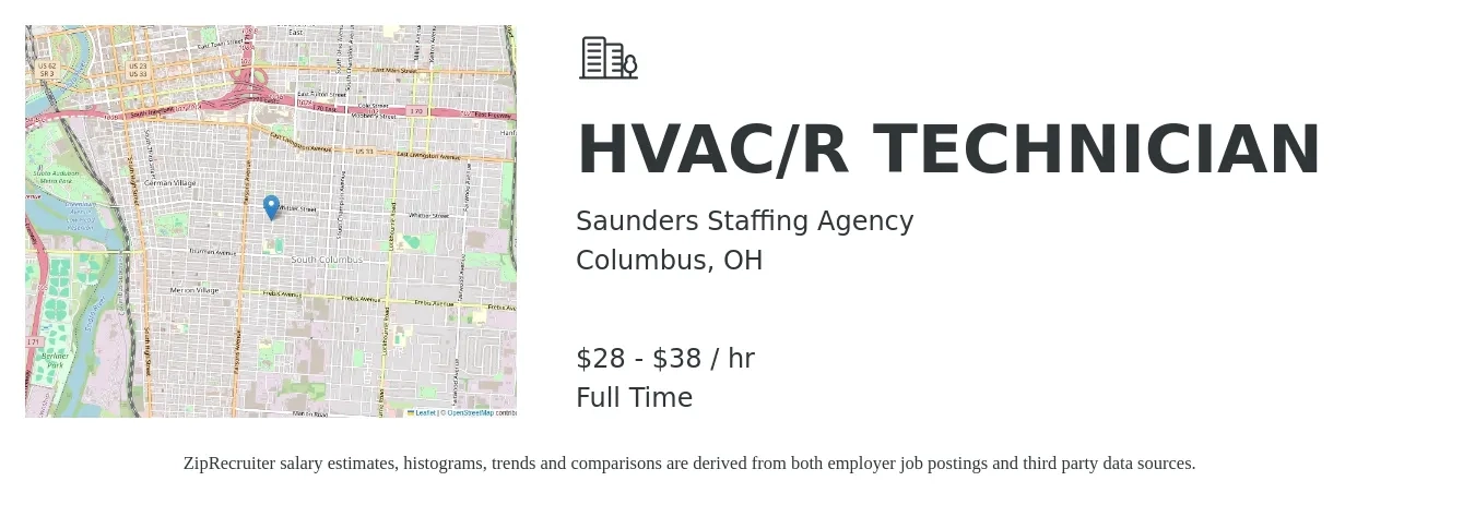Saunders Staffing Agency job posting for a HVAC/R TECHNICIAN in Columbus, OH with a salary of $30 to $40 Hourly with a map of Columbus location.