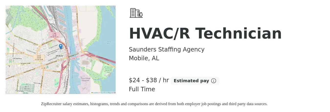 Saunders Staffing Agency job posting for a HVAC/R Technician in Mobile, AL with a salary of $90,000 Yearly with a map of Mobile location.
