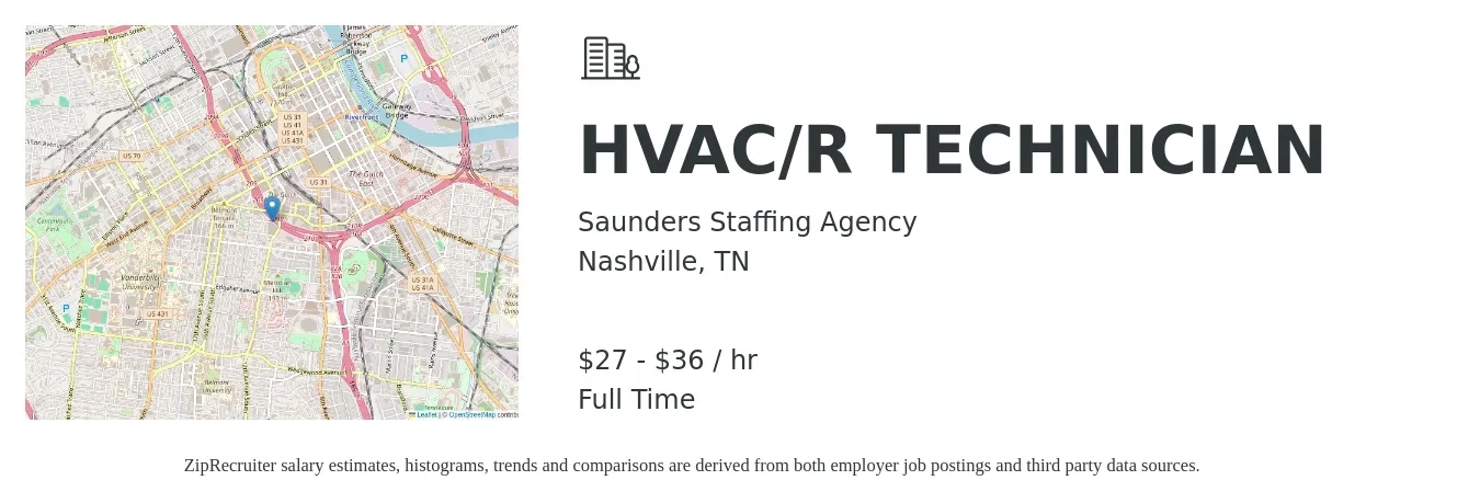 Saunders Staffing Agency job posting for a HVAC/R TECHNICIAN in Nashville, TN with a salary of $29 to $38 Hourly with a map of Nashville location.
