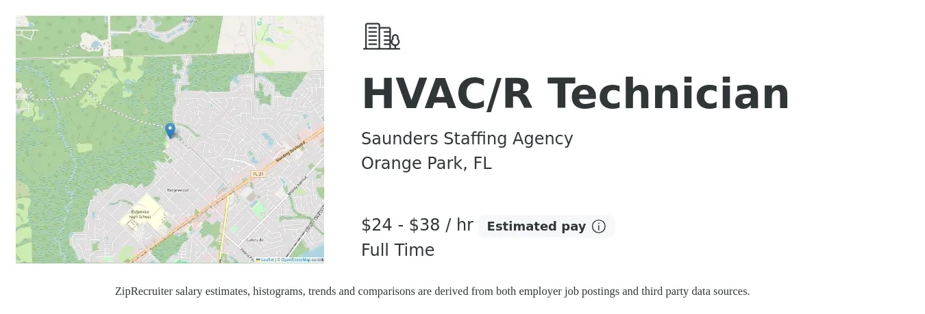 Saunders Staffing Agency job posting for a HVAC/R Technician in Orange Park, FL with a salary of $90,000 Yearly with a map of Orange Park location.