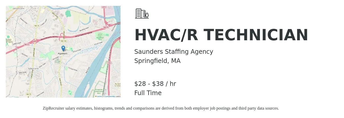 Saunders Staffing Agency job posting for a HVAC/R TECHNICIAN in Springfield, MA with a salary of $30 to $40 Hourly with a map of Springfield location.