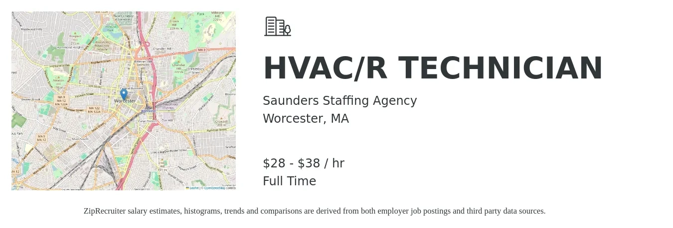 Saunders Staffing Agency job posting for a HVAC/R TECHNICIAN in Worcester, MA with a salary of $30 to $40 Hourly with a map of Worcester location.