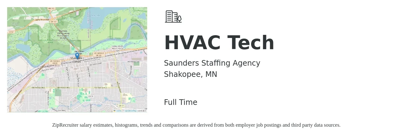 Saunders Staffing Agency job posting for a HVAC Tech in Shakopee, MN with a salary of $24 to $36 Hourly with a map of Shakopee location.