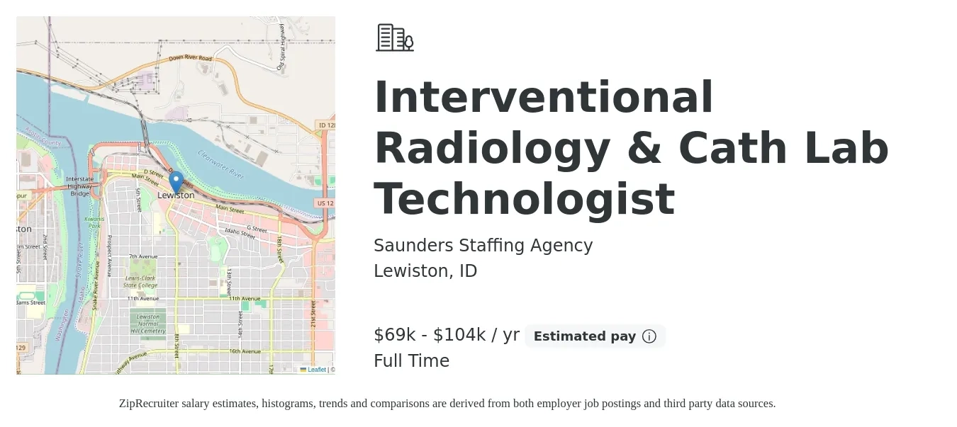 Saunders Staffing Agency job posting for a Interventional Radiology & Cath Lab Technologist in Lewiston, ID with a salary of $1,430 to $2,680 Weekly with a map of Lewiston location.