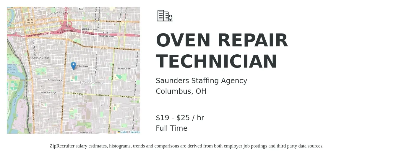 Saunders Staffing Agency job posting for a OVEN REPAIR TECHNICIAN in Columbus, OH with a salary of $20 to $27 Hourly with a map of Columbus location.