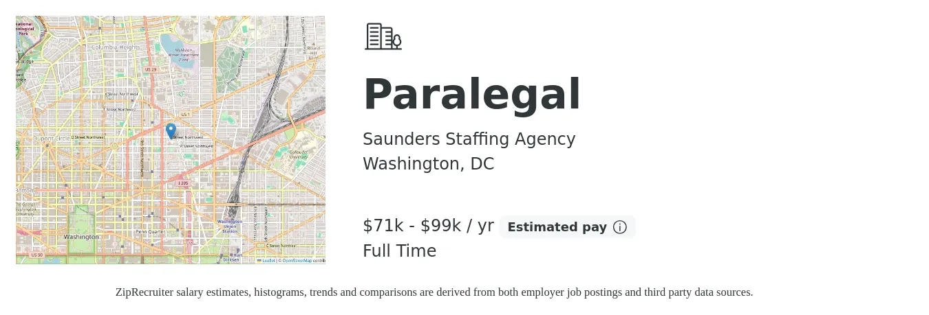 Saunders Staffing Agency job posting for a Paralegal in Washington, DC with a salary of $54,400 to $77,600 Yearly with a map of Washington location.