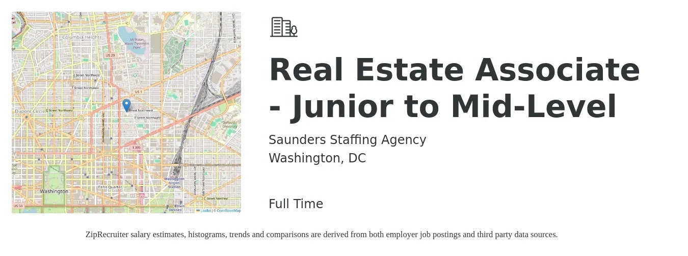 Saunders Staffing Agency job posting for a Real Estate Associate - Junior to Mid-Level in Washington, DC with a salary of $99,700 to $192,000 Yearly with a map of Washington location.
