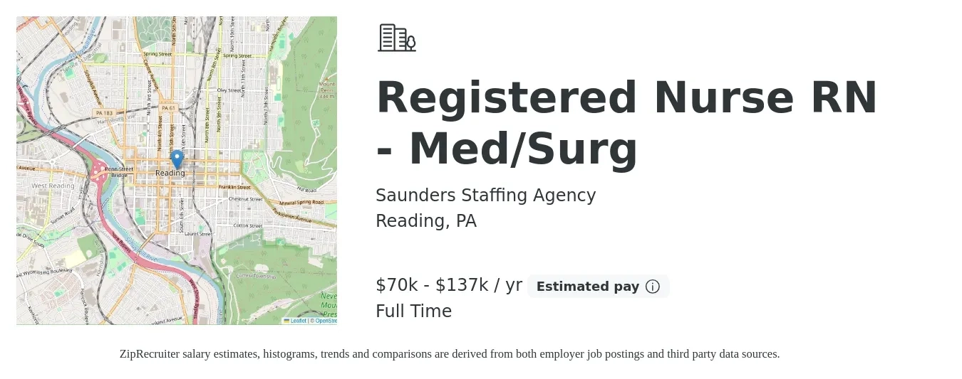 Saunders Staffing Agency job posting for a Registered Nurse RN - Med/Surg in Reading, PA with a salary of $32 to $50 Hourly with a map of Reading location.