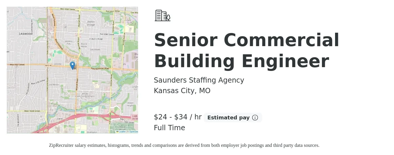 Saunders Staffing Agency job posting for a Senior Commercial Building Engineer in Kansas City, MO with a salary of $52,000 to $75,000 Yearly with a map of Kansas City location.