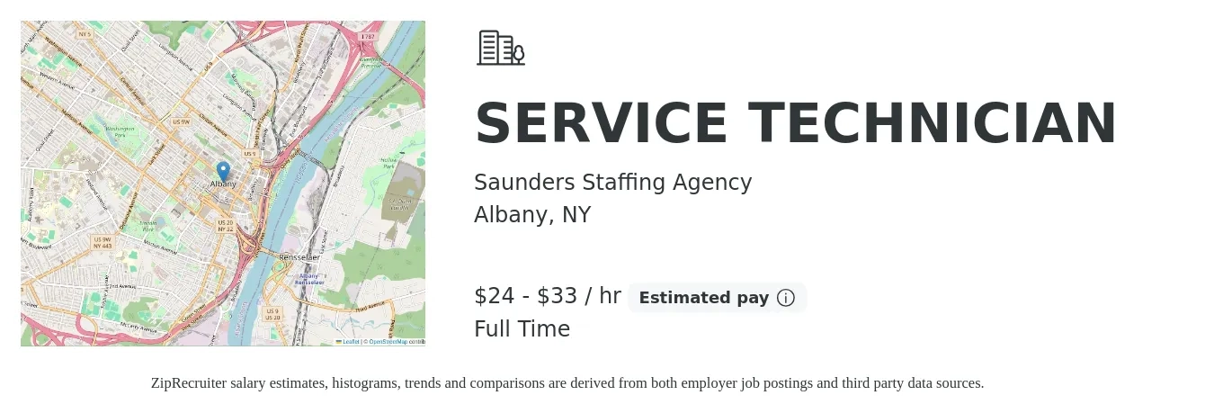 Saunders Staffing Agency job posting for a SERVICE TECHNICIAN in Albany, NY with a salary of $20 to $28 Hourly with a map of Albany location.