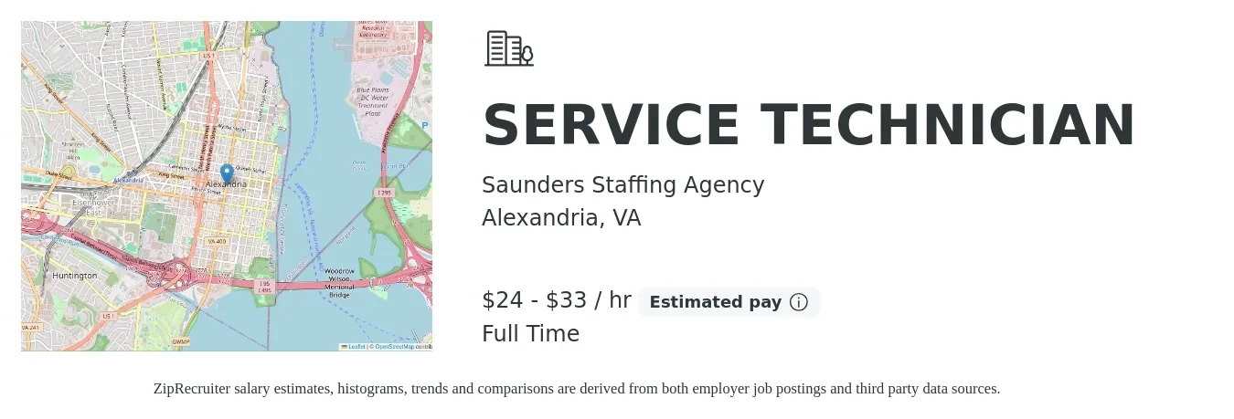 Saunders Staffing Agency job posting for a SERVICE TECHNICIAN in Alexandria, VA with a salary of $22 to $30 Hourly with a map of Alexandria location.