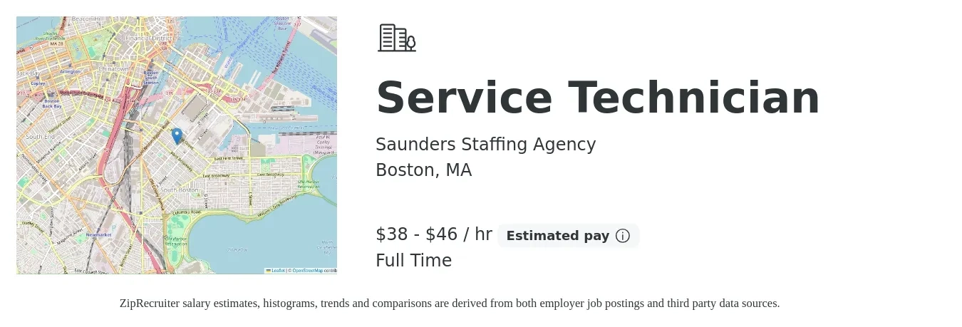 Saunders Staffing Agency job posting for a Service Technician in Boston, MA with a salary of $90,000 to $99,000 Yearly with a map of Boston location.