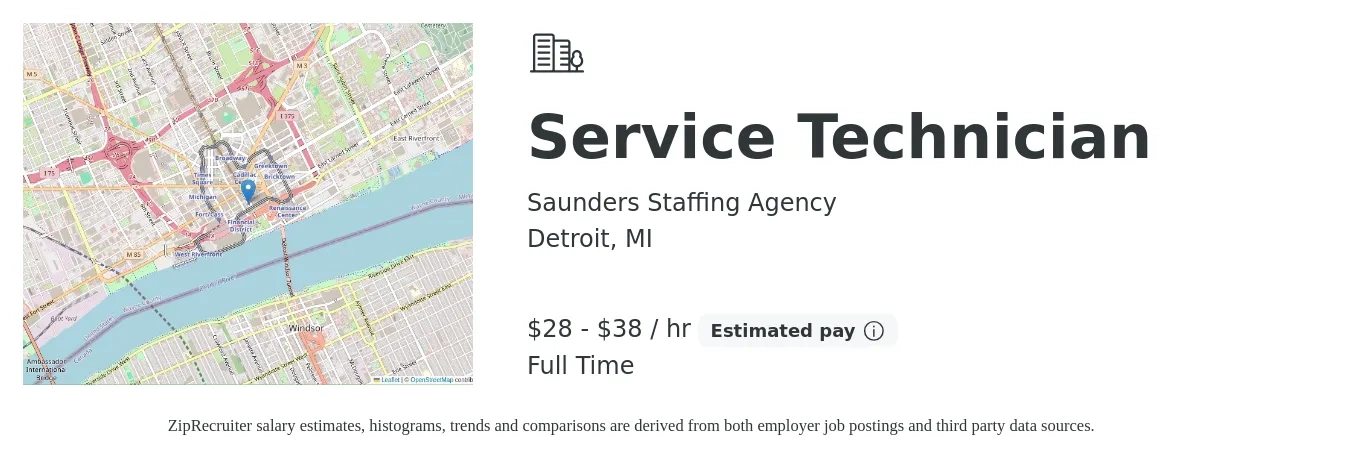 Saunders Staffing Agency job posting for a Service Technician in Detroit, MI with a salary of $60,000 to $91,000 Yearly with a map of Detroit location.