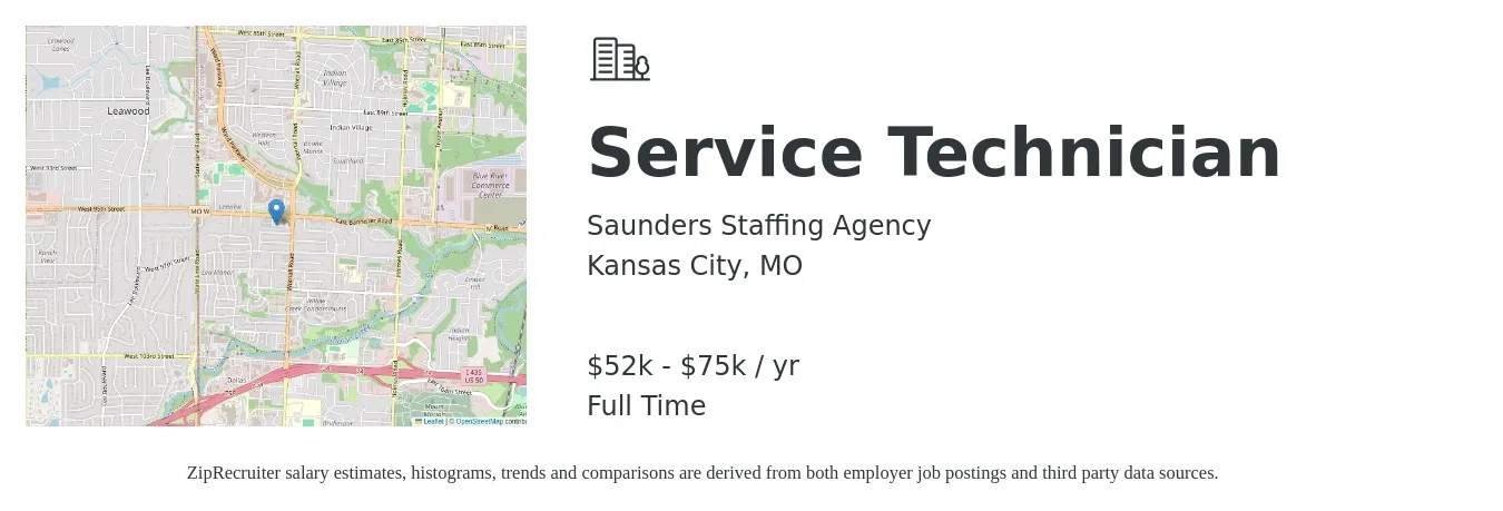 Saunders Staffing Agency job posting for a Service Technician in Kansas City, MO with a salary of $52,000 to $75,000 Yearly with a map of Kansas City location.