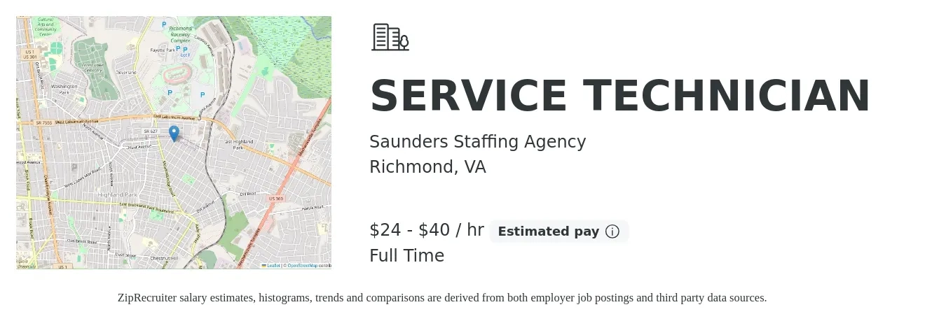Saunders Staffing Agency job posting for a SERVICE TECHNICIAN in Richmond, VA with a salary of $20 to $28 Hourly with a map of Richmond location.