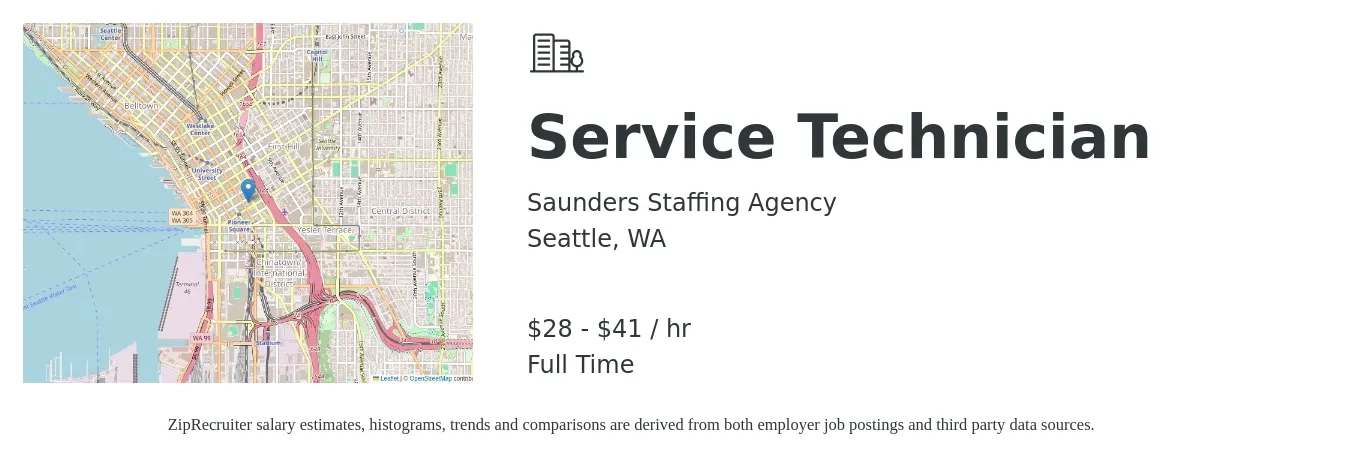 Saunders Staffing Agency job posting for a Service Technician in Seattle, WA with a salary of $30 to $43 Hourly with a map of Seattle location.