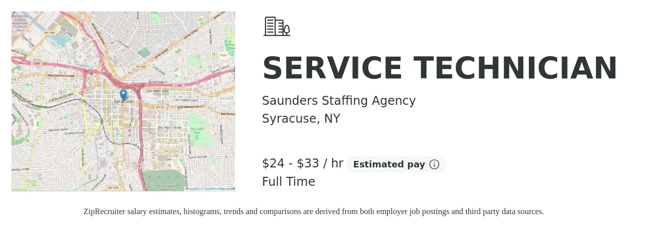 Saunders Staffing Agency job posting for a SERVICE TECHNICIAN in Syracuse, NY with a salary of $20 to $28 Hourly with a map of Syracuse location.