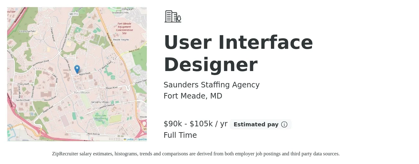 Saunders Staffing Agency job posting for a User Interface Designer in Fort Meade, MD with a salary of $44 to $70 Hourly with a map of Fort Meade location.