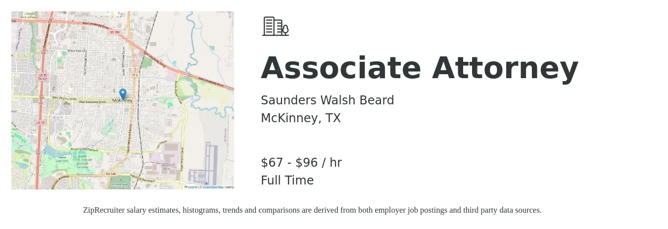 Saunders Walsh Beard job posting for a Associate Attorney in McKinney, TX with a salary of $70 to $100 Hourly with a map of McKinney location.