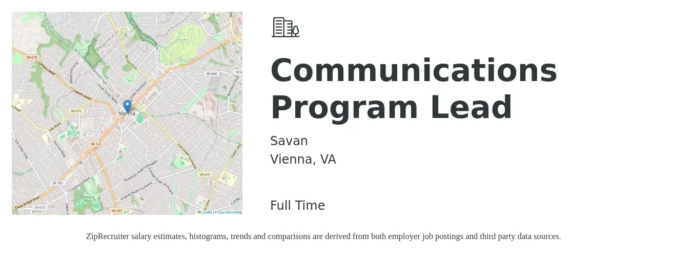 Savan job posting for a Communications Program Lead in Vienna, VA with a salary of $50,700 to $116,900 Yearly with a map of Vienna location.