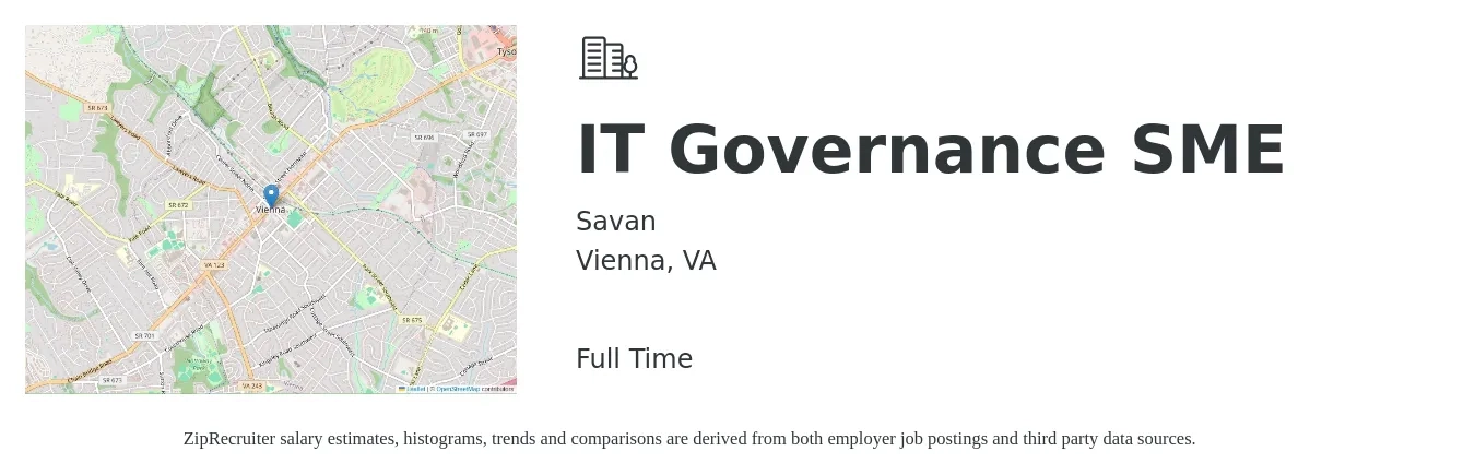 Savan job posting for a IT Governance SME in Vienna, VA with a salary of $98,900 to $116,900 Yearly with a map of Vienna location.