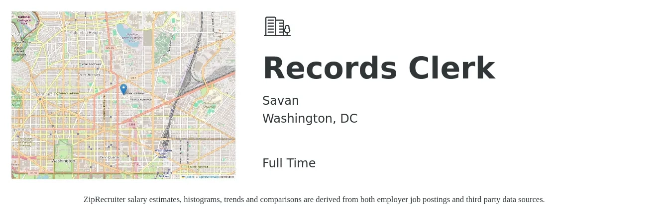 Savan job posting for a Records Clerk in Washington, DC with a salary of $18 to $24 Hourly with a map of Washington location.