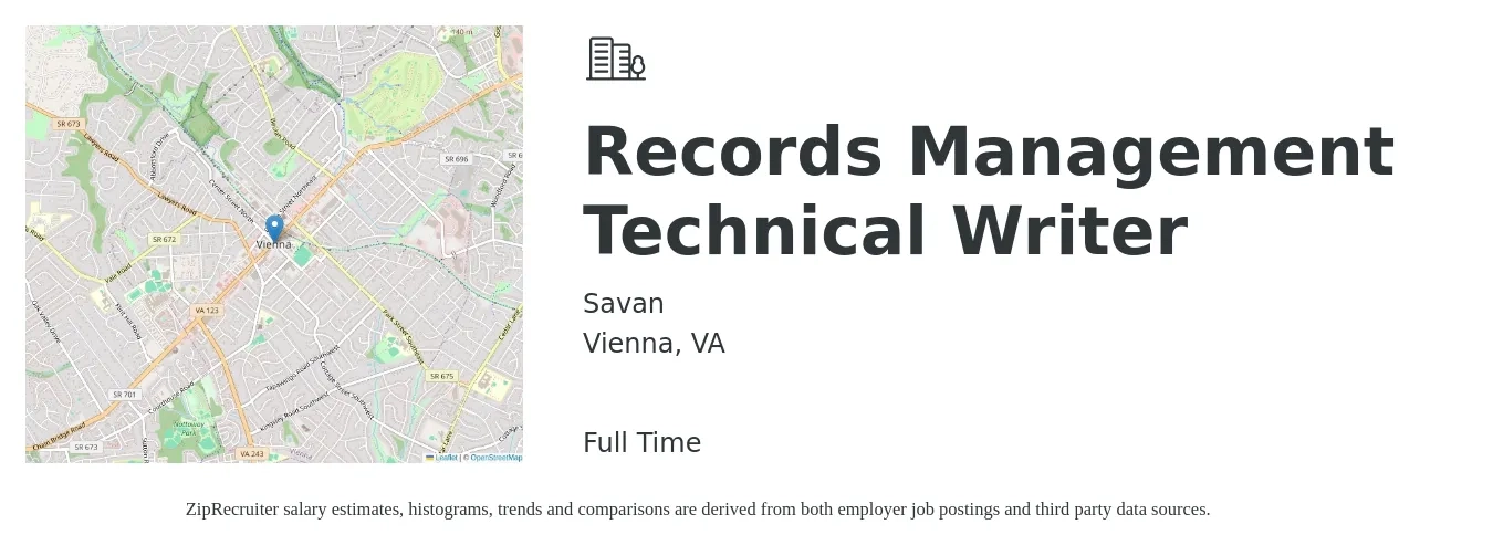 Savan job posting for a Records Management Technical Writer in Vienna, VA with a salary of $30 to $49 Hourly with a map of Vienna location.