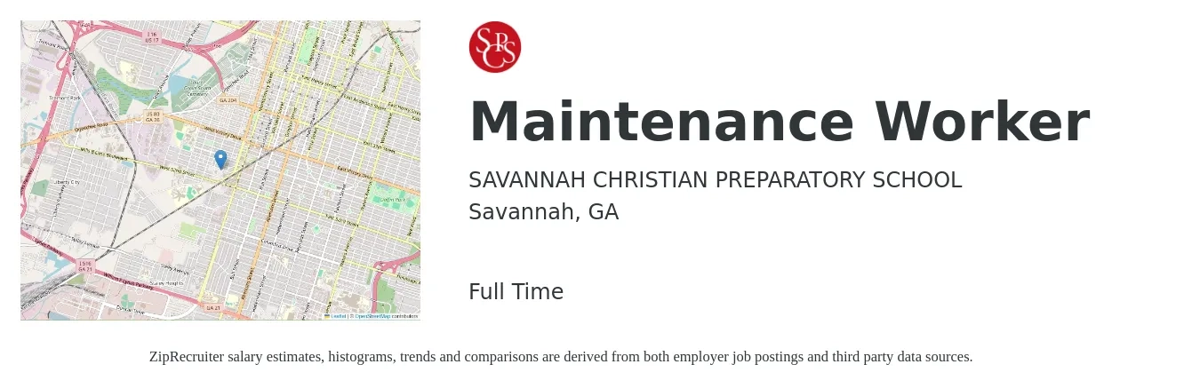 SAVANNAH CHRISTIAN PREPARATORY SCHOOL job posting for a Maintenance Worker in Savannah, GA with a salary of $16 to $23 Hourly with a map of Savannah location.