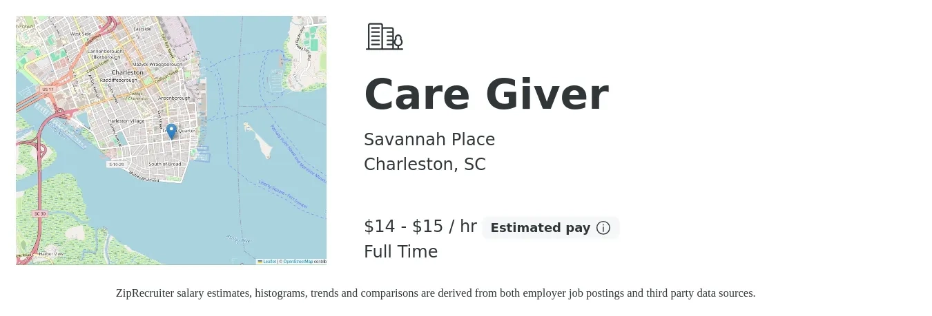 Savannah Place job posting for a Care Giver in Charleston, SC with a salary of $15 to $16 Hourly with a map of Charleston location.