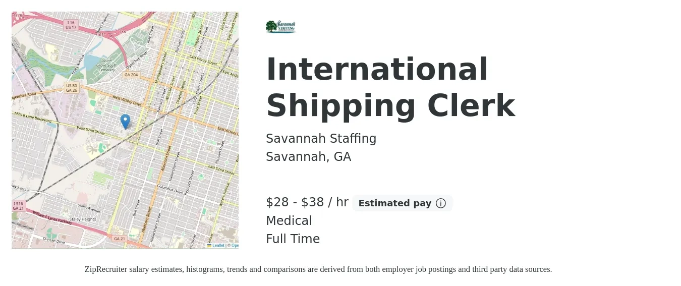 Savannah Staffing job posting for a International Shipping Clerk in Savannah, GA with a salary of $30 to $40 Hourly and benefits including medical with a map of Savannah location.