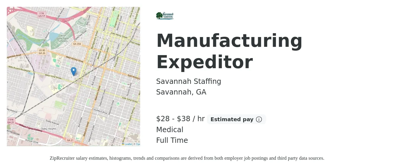 Savannah Staffing job posting for a Manufacturing Expeditor in Savannah, GA with a salary of $30 to $40 Hourly and benefits including medical with a map of Savannah location.