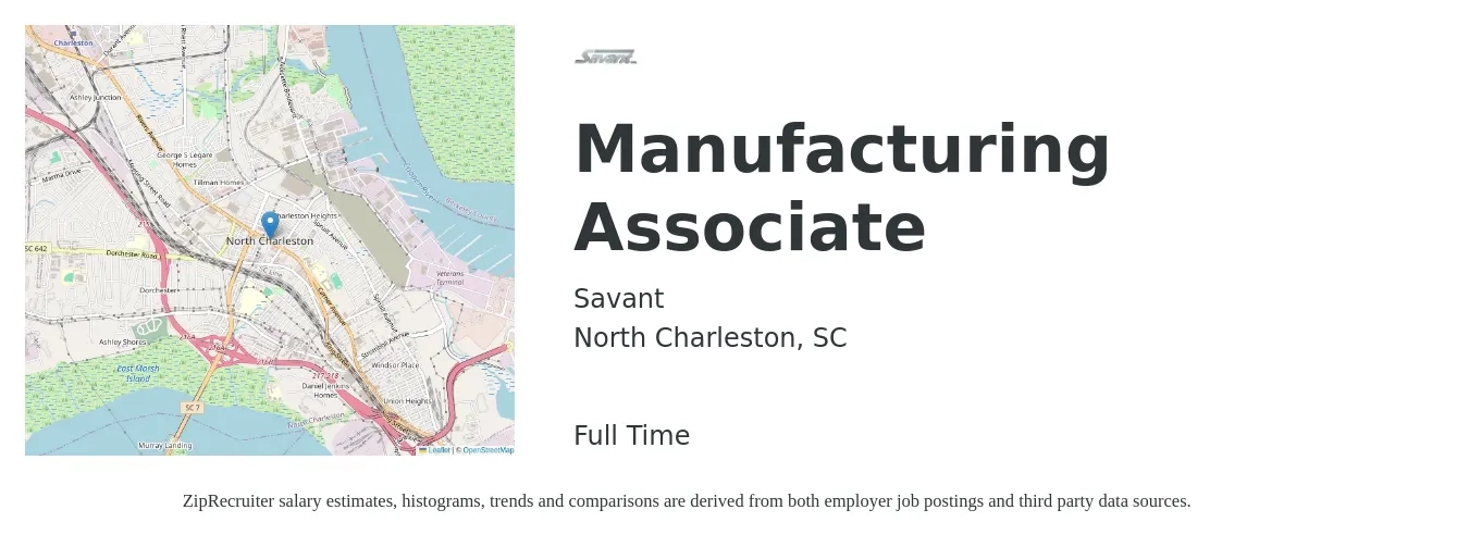 Savant job posting for a Manufacturing Associate in North Charleston, SC with a salary of $16 to $23 Hourly with a map of North Charleston location.