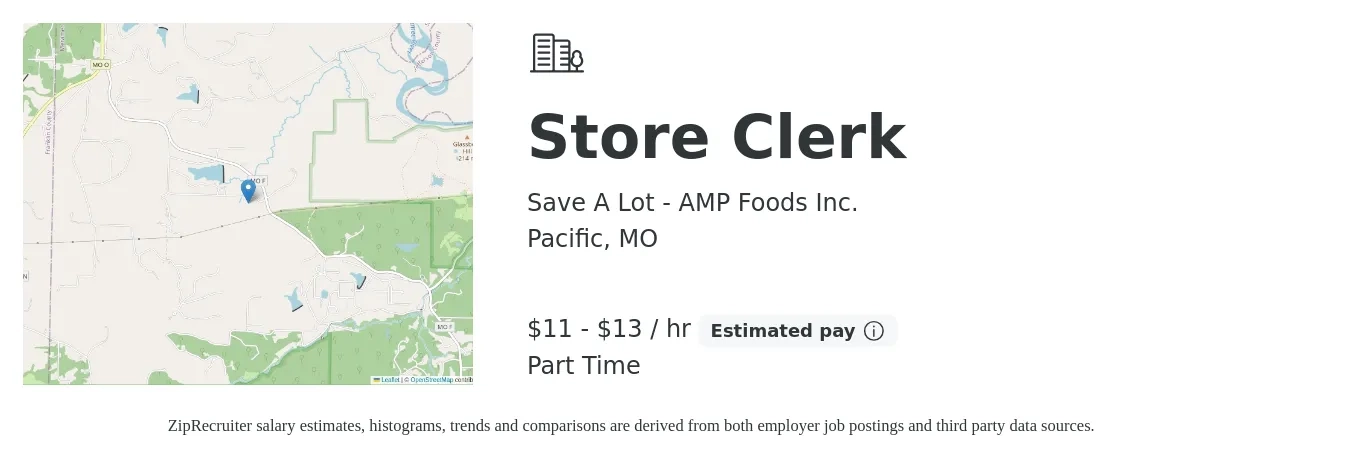 Save A Lot - AMP Foods Inc. job posting for a Store Clerk in Pacific, MO with a salary of $12 to $14 Hourly with a map of Pacific location.