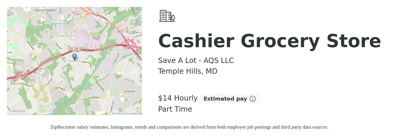 Save A Lot - AQS LLC job posting for a Cashier Grocery Store in Temple Hills, MD with a salary of $15 Hourly with a map of Temple Hills location.