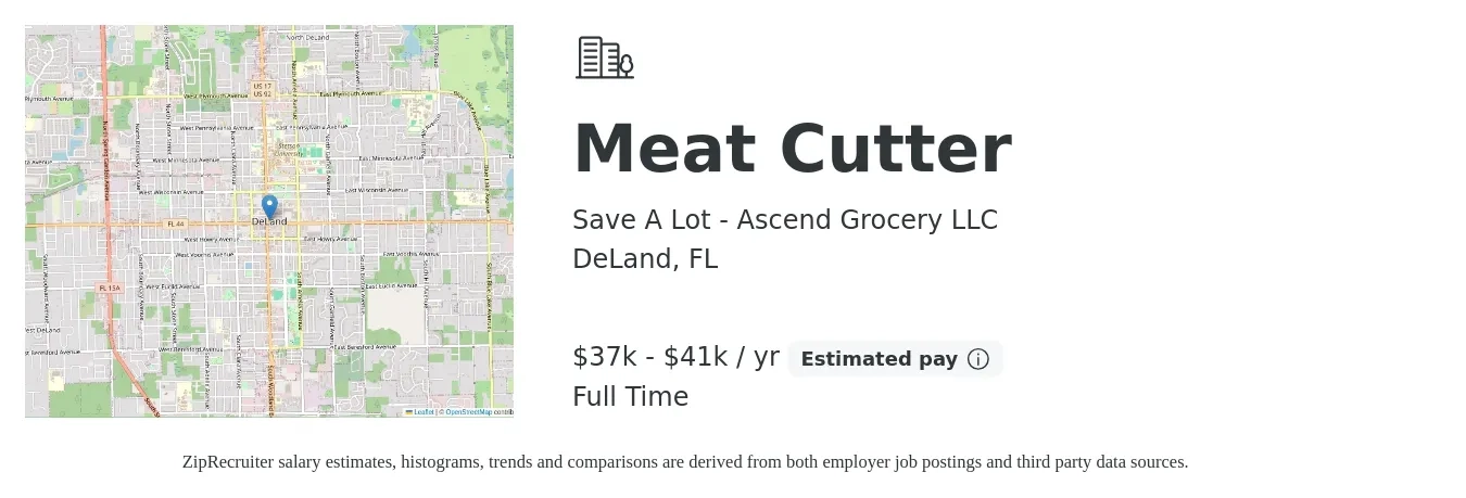 Save A Lot - Ascend Grocery LLC job posting for a Meat Cutter in DeLand, FL with a salary of $37,440 to $41,600 Yearly with a map of DeLand location.
