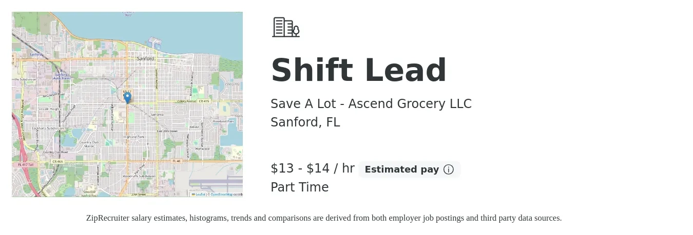 Save A Lot - Ascend Grocery LLC job posting for a Shift Lead in Sanford, FL with a salary of $12 to $14 Hourly with a map of Sanford location.