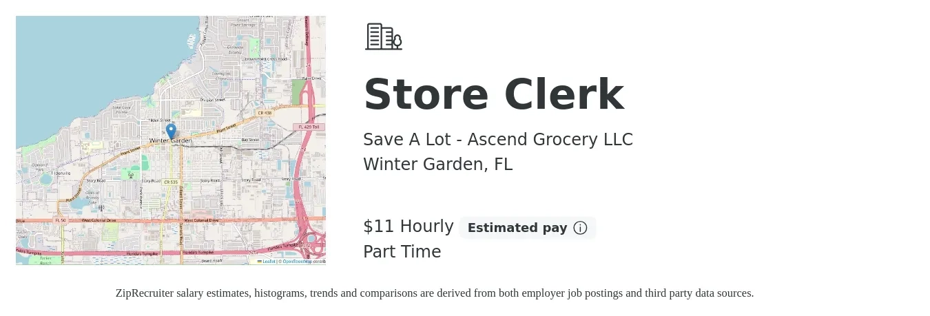 Save A Lot - Ascend Grocery LLC job posting for a Store Clerk in Winter Garden, FL with a salary of $12 Hourly with a map of Winter Garden location.