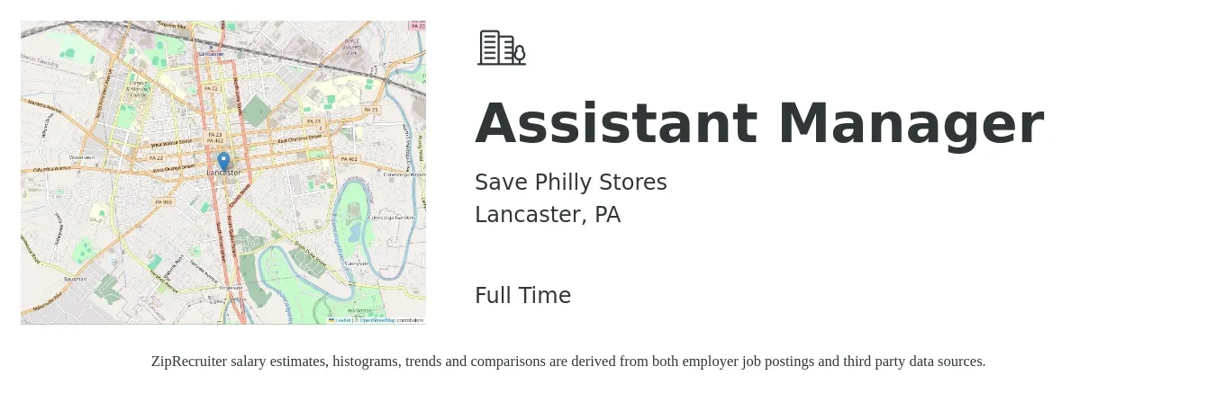 Save Philly Stores job posting for a Assistant Manager in Lancaster, PA with a salary of $16 to $22 Hourly with a map of Lancaster location.